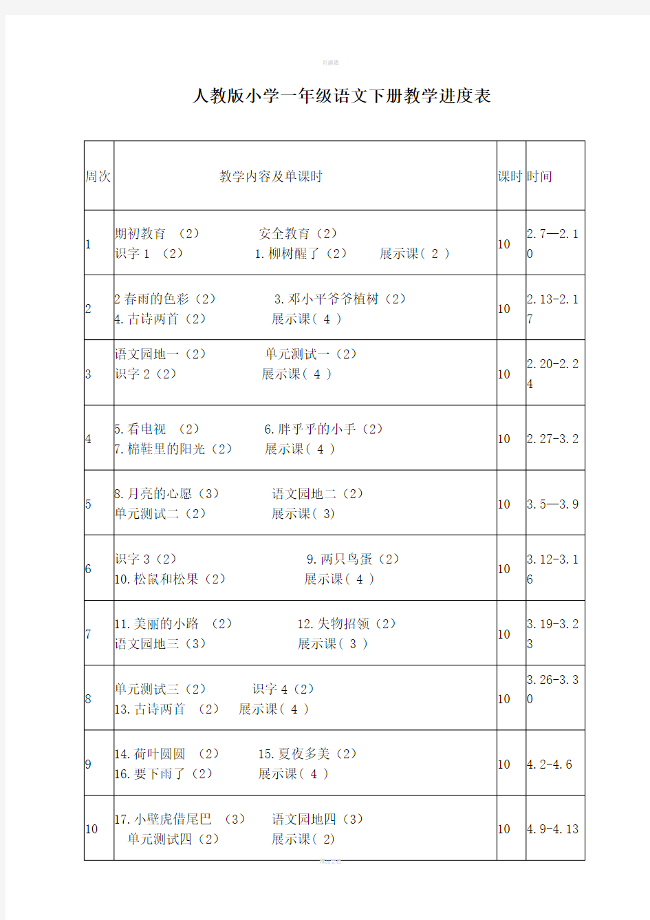 人教版小学一年级语文下册教学进度表