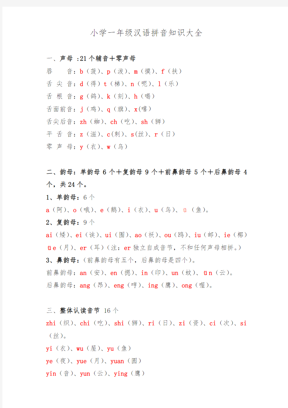 小学一年级汉语拼音知识大全