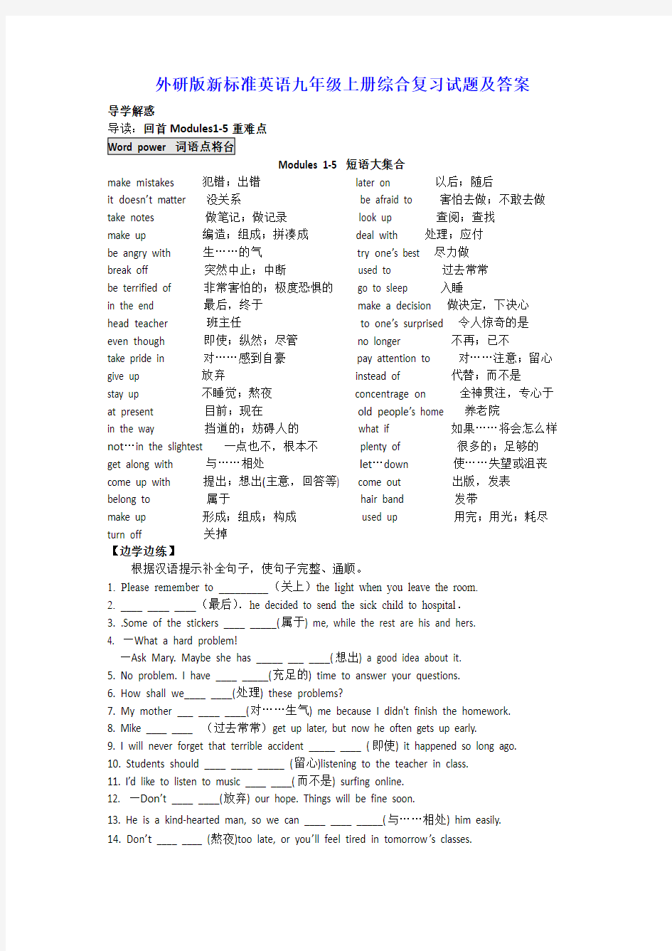 外研版新标准英语九年级上册综合复习试题及答案