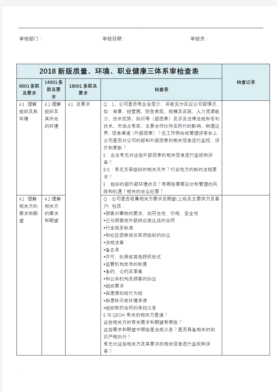 2018新版三体系内审检查表