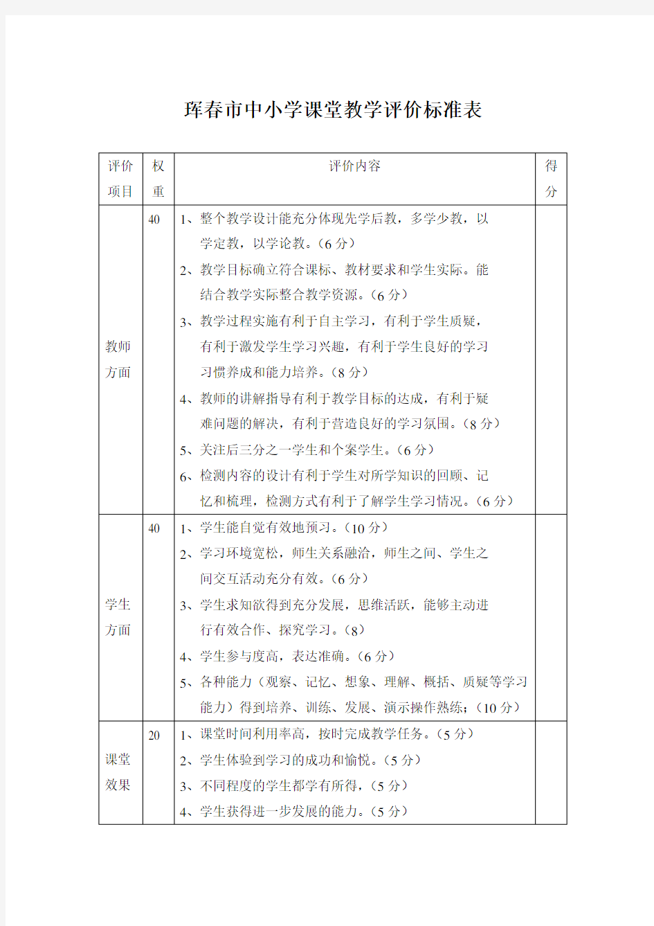 中小学课堂教学评价标准表