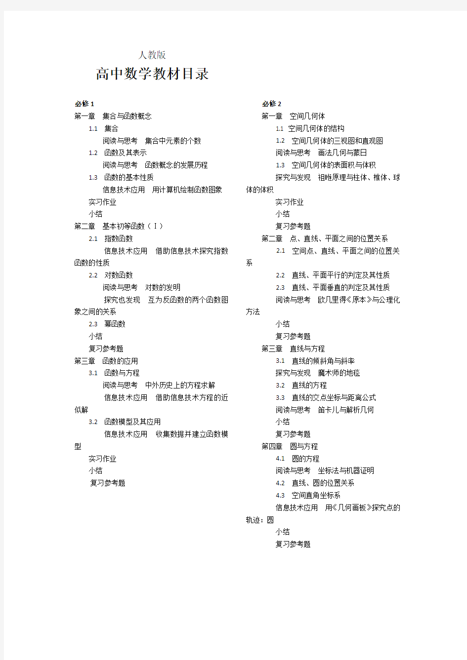 高中数学必修选修目录 人教版