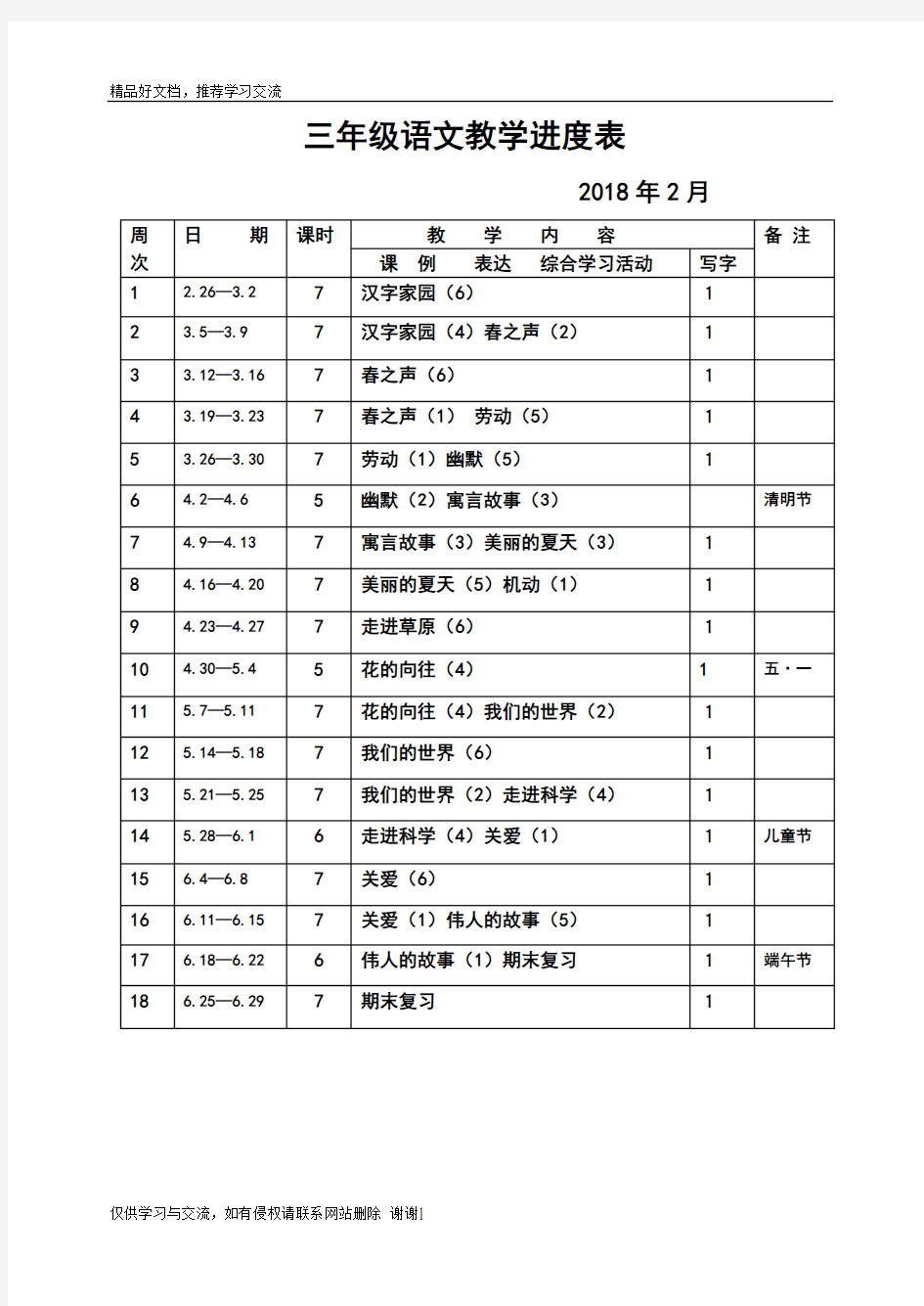 最新小学语文教学进度表(2018.2)