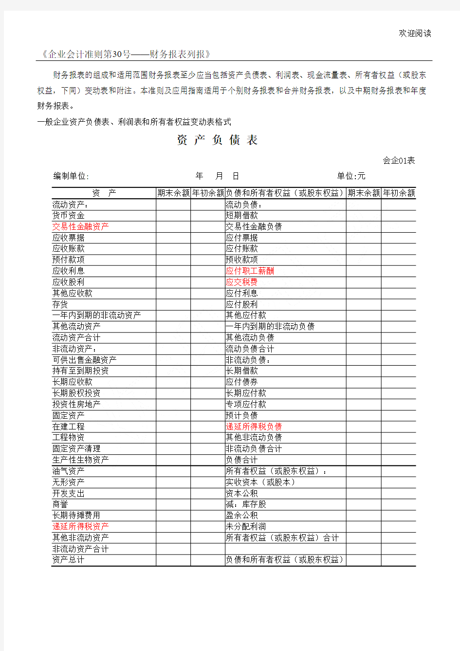 财务报表格模板规范格式_完整版