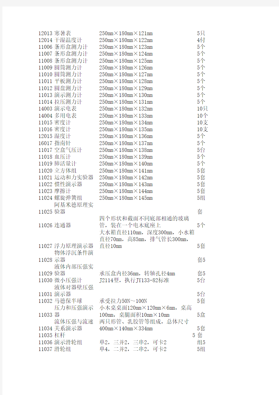 初中物理实验室仪器清单