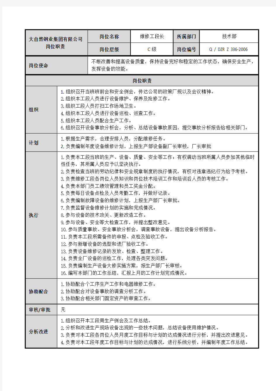 维修工段长岗位职责