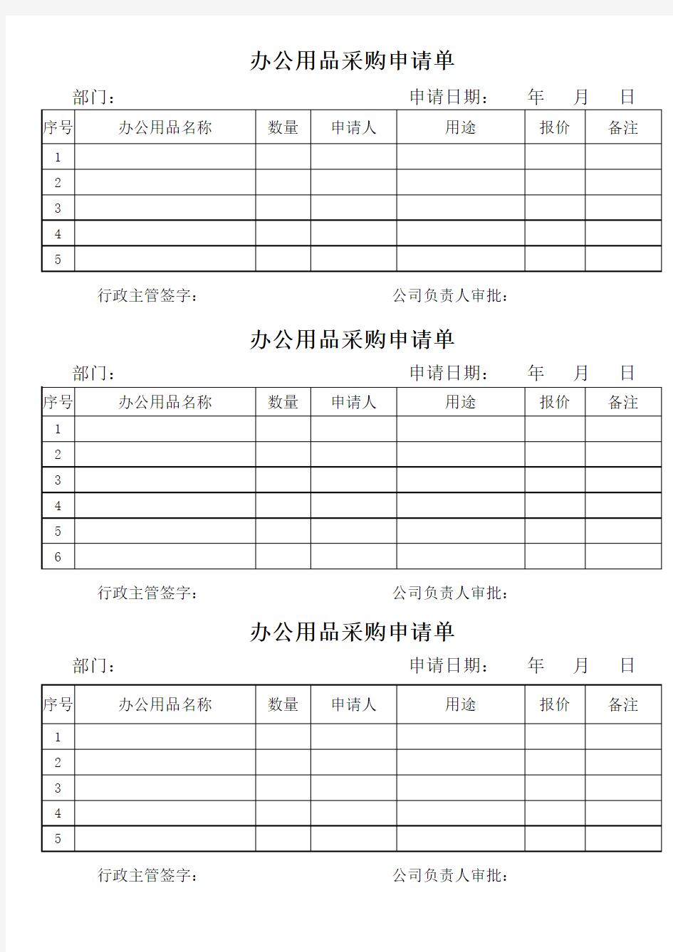 部门办公用品采购申请表