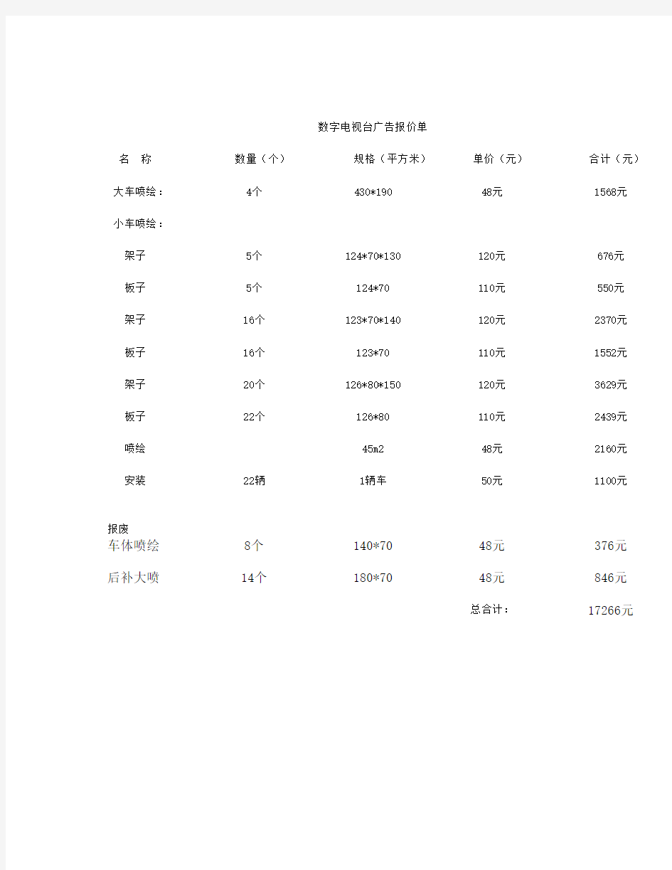 数字电视台广告报价单