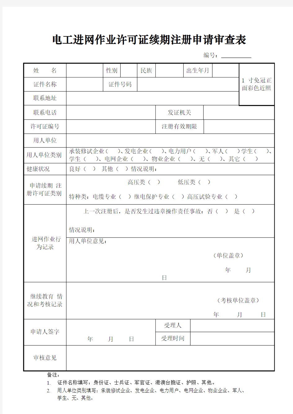 新版电工进网作业许可证续期注册申请审查表(复审)