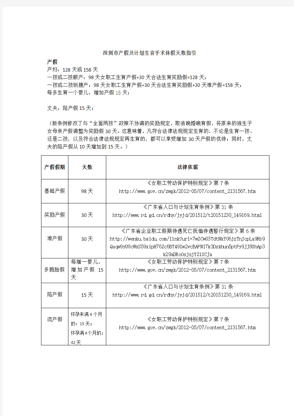 2016年深圳市产假及计划生育手术休假天数指引