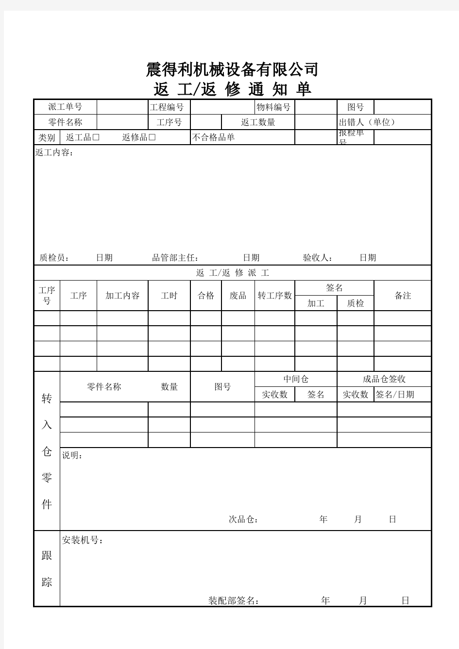 返工、返修通知单