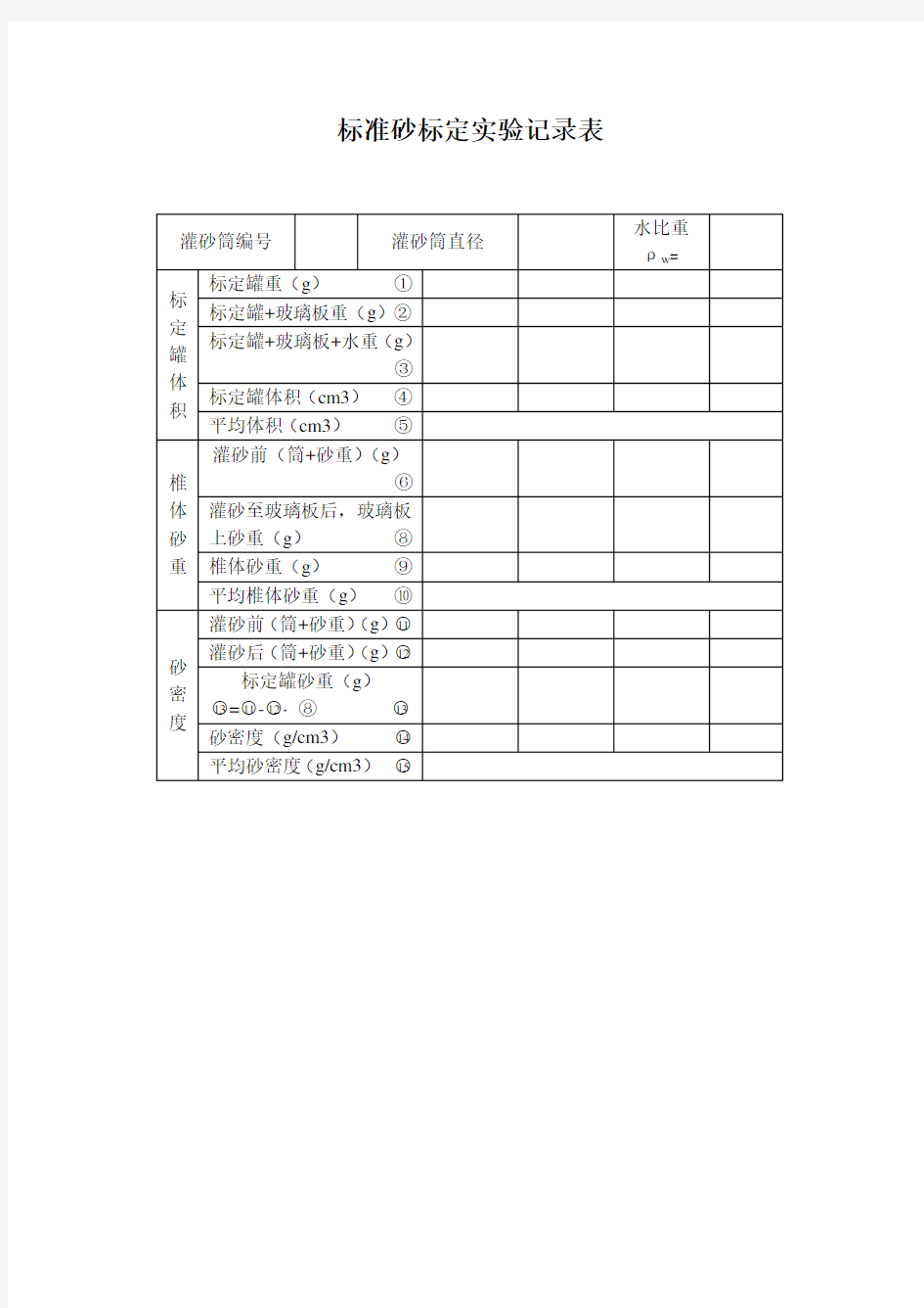 标准砂标定实验记录表