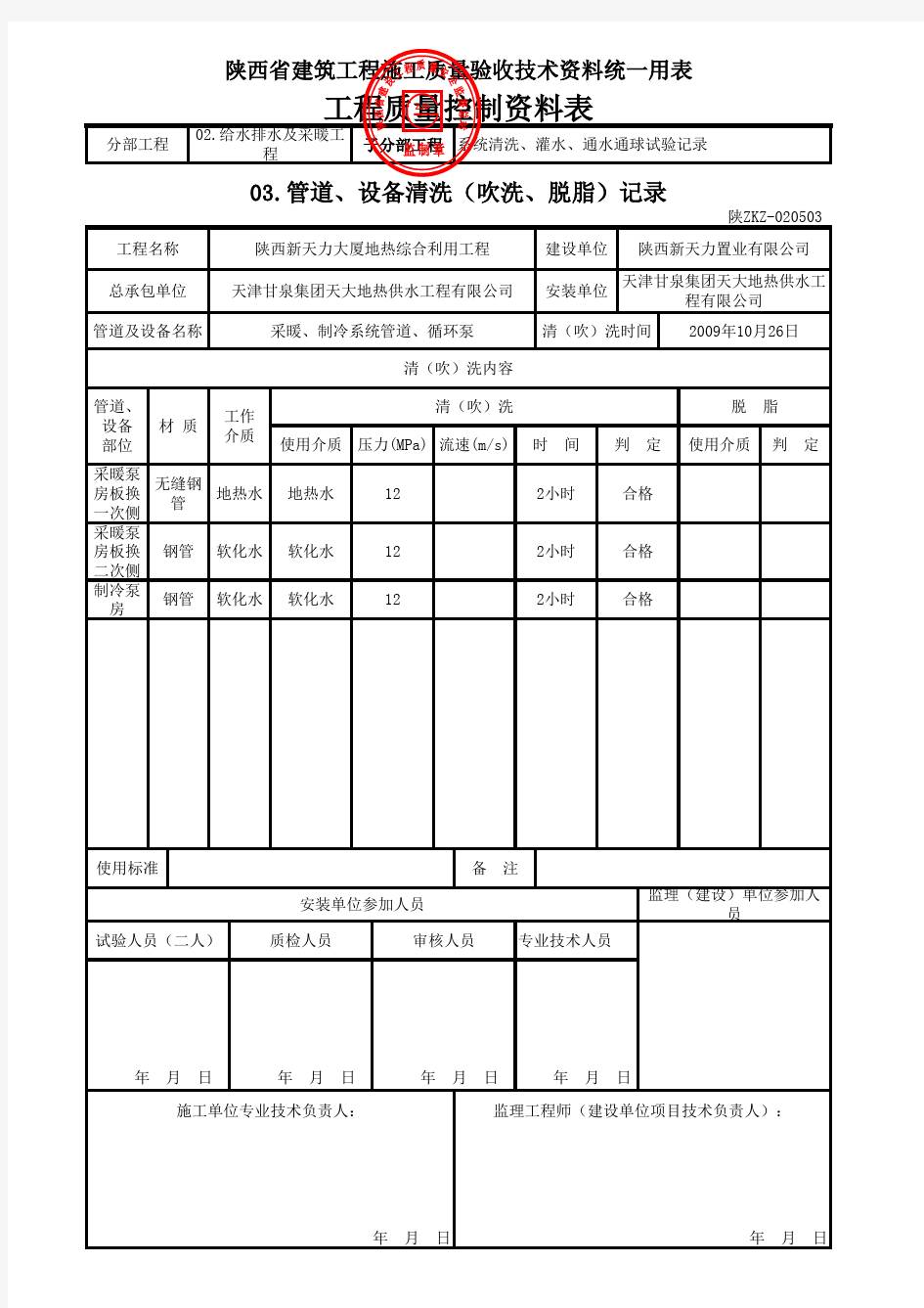 管道、设备清洗(吹洗、脱脂)记录