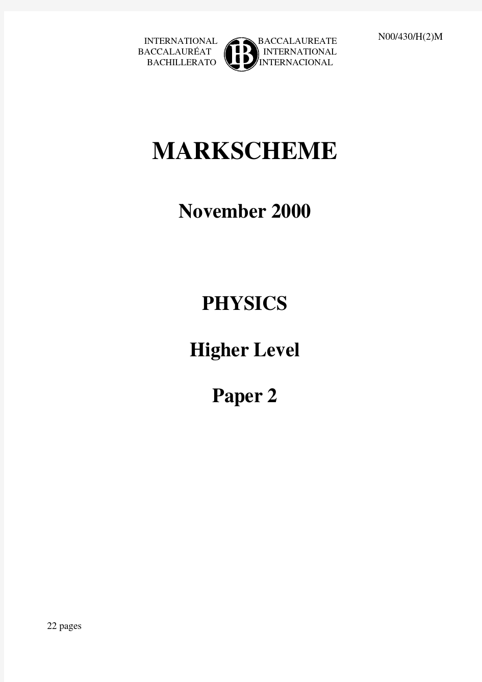 Physics Paper 2 HL Nov 2000 Markscheme