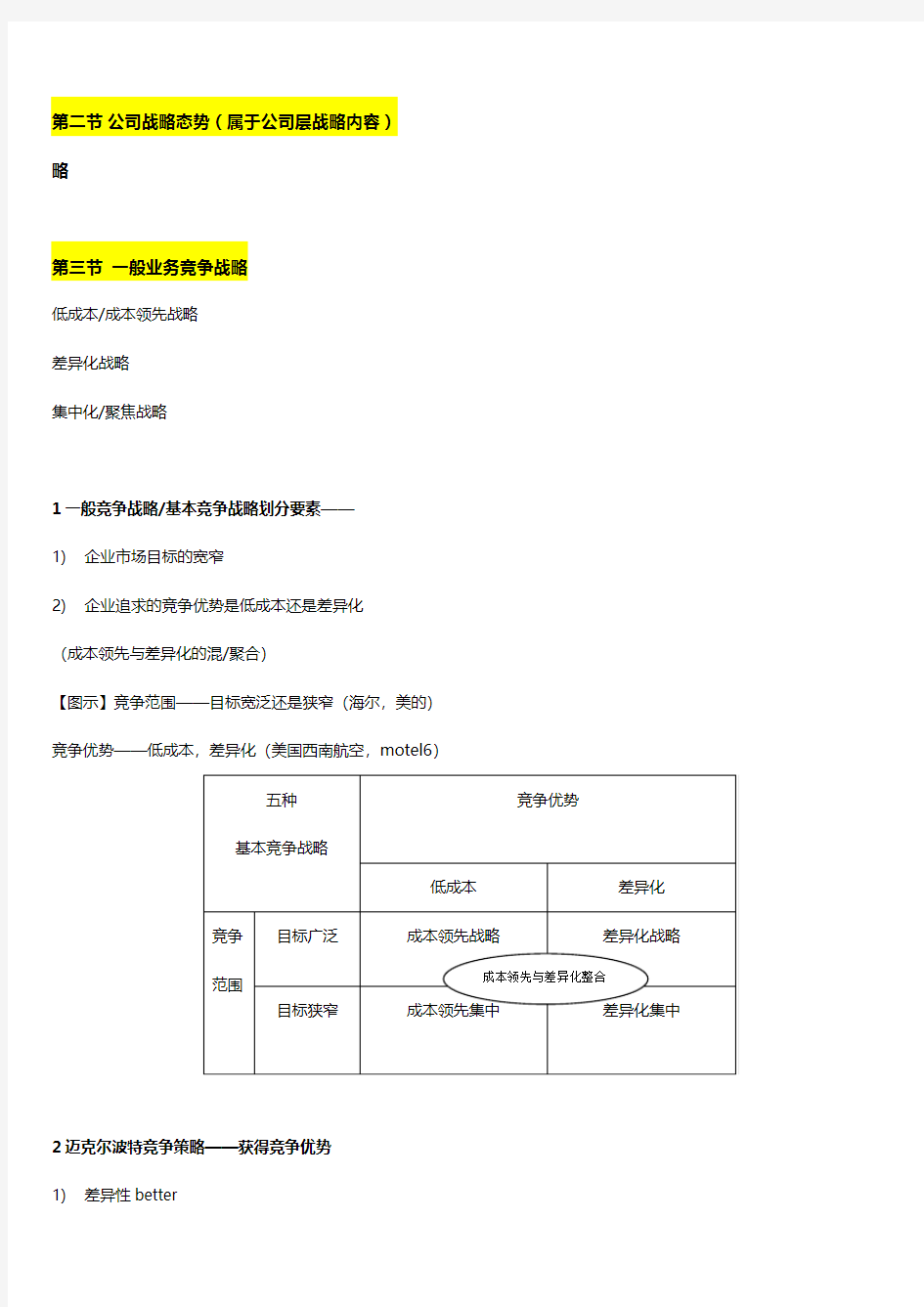 《企业战略管理》整理笔记——第七章企业业务层战略