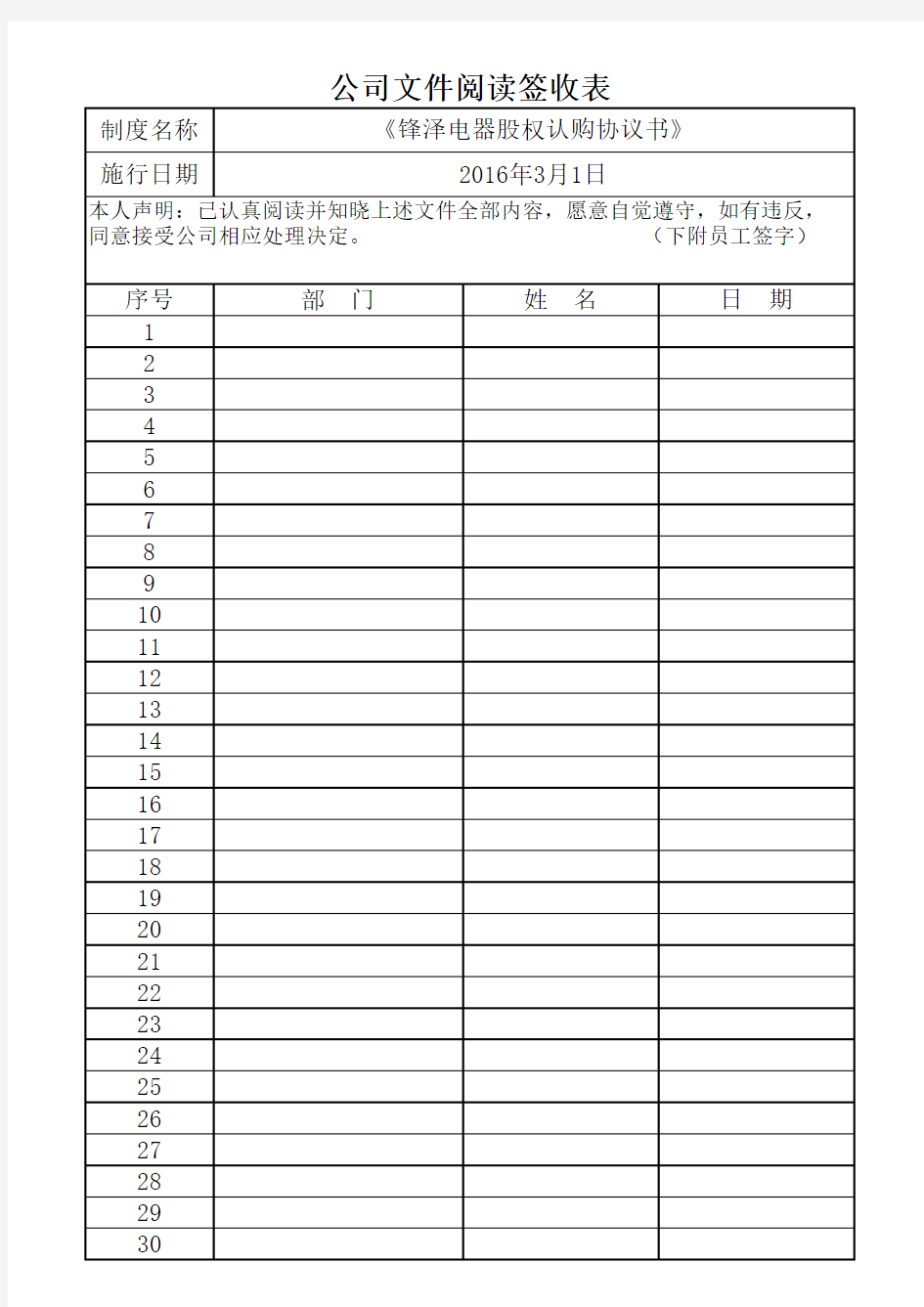 公司文件阅读签收表