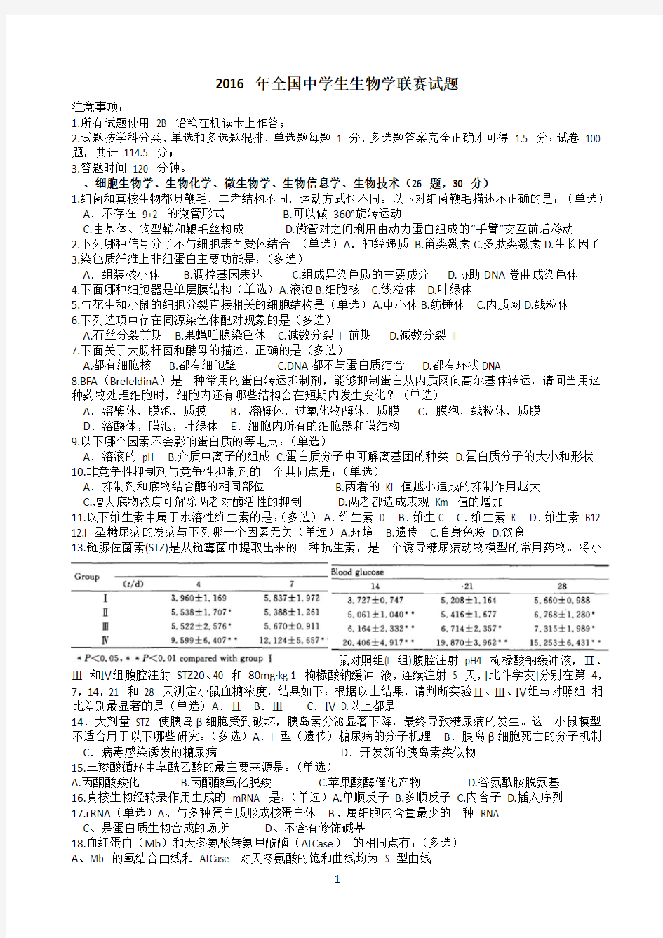 2016年全国中学生生物学联赛试题及最终答案