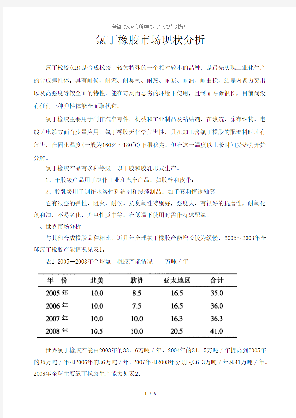 氯丁橡胶市场现状分析