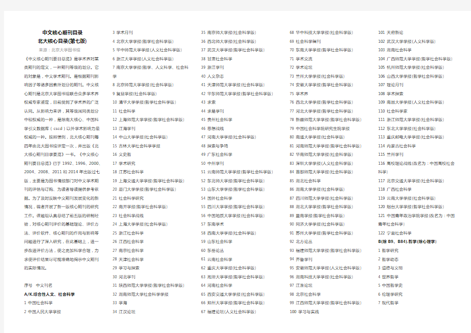 北大中文核心期刊目录----北大版2017