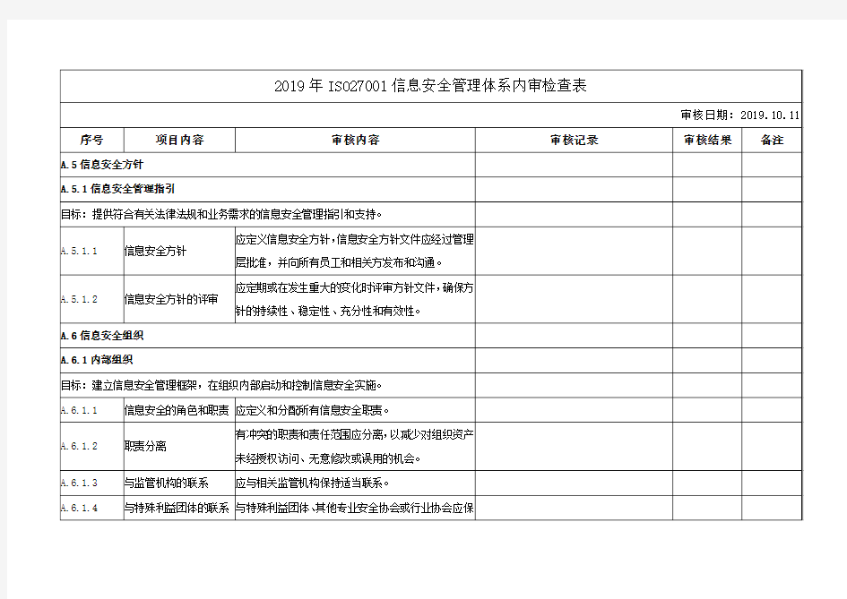 2019年ISO27001信息安全管理体系内审检查表