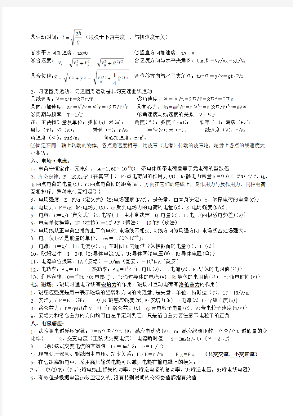 高中物理学业水平测试公式总结