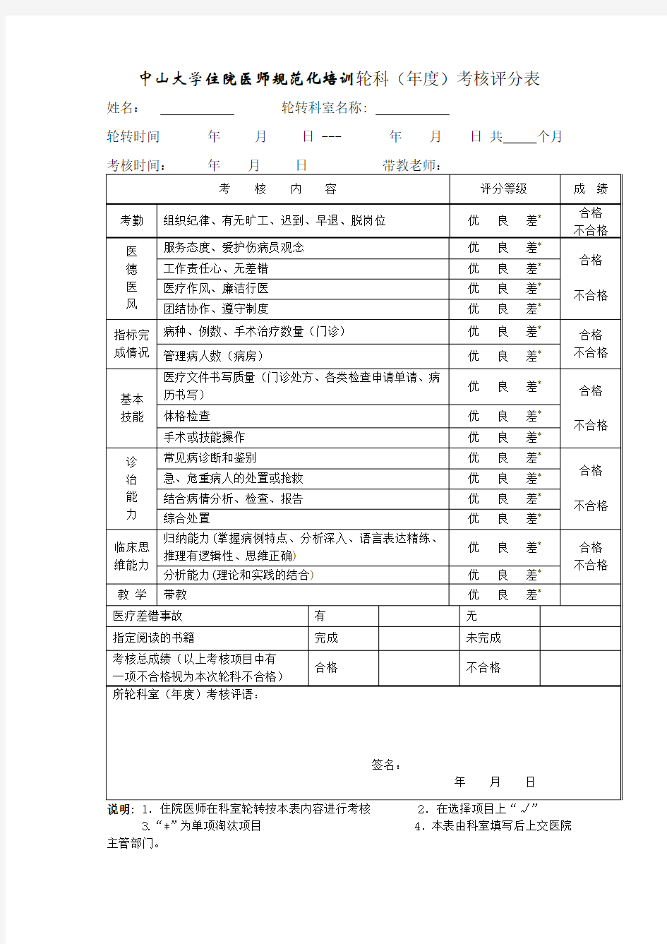 中山大学住院医师规范化培训轮科(年度)考核评分表汇总