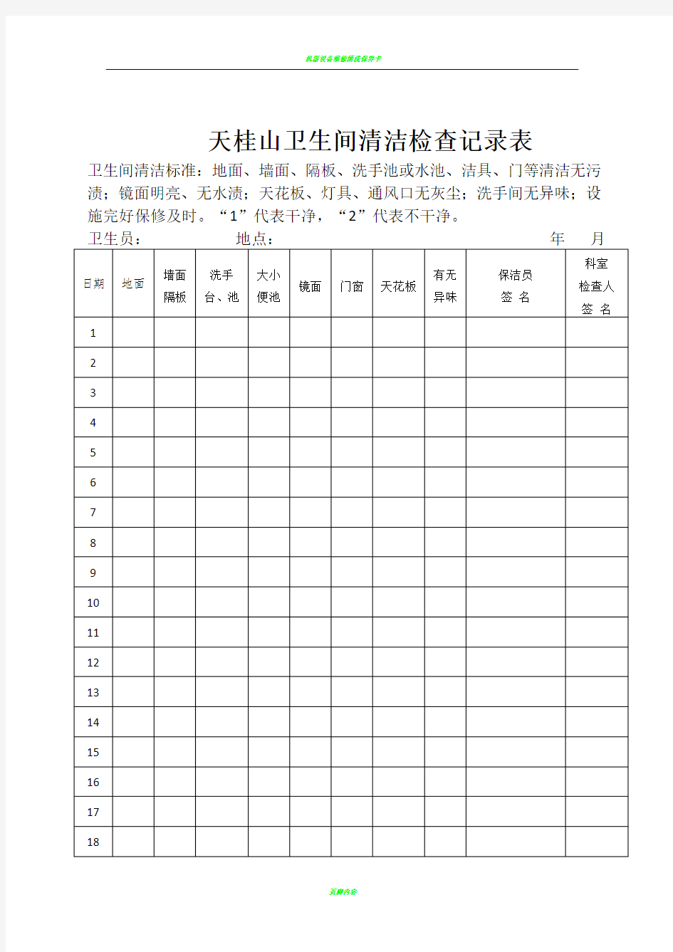 卫生间清洁检查记录表