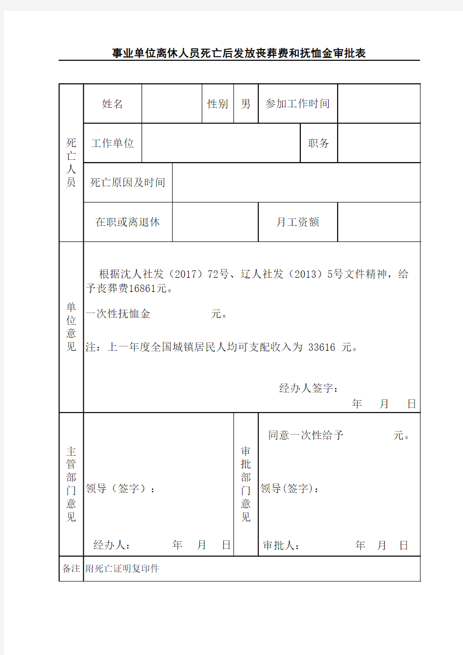 2017年事业单位丧葬费抚恤金表