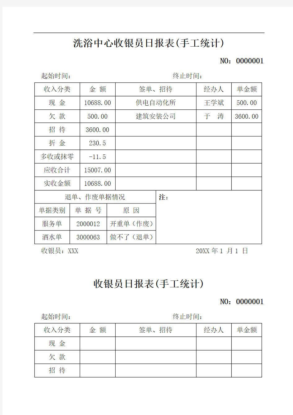 洗浴中心收银员日报表(手工统计)