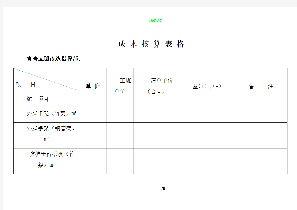 成本核算表格