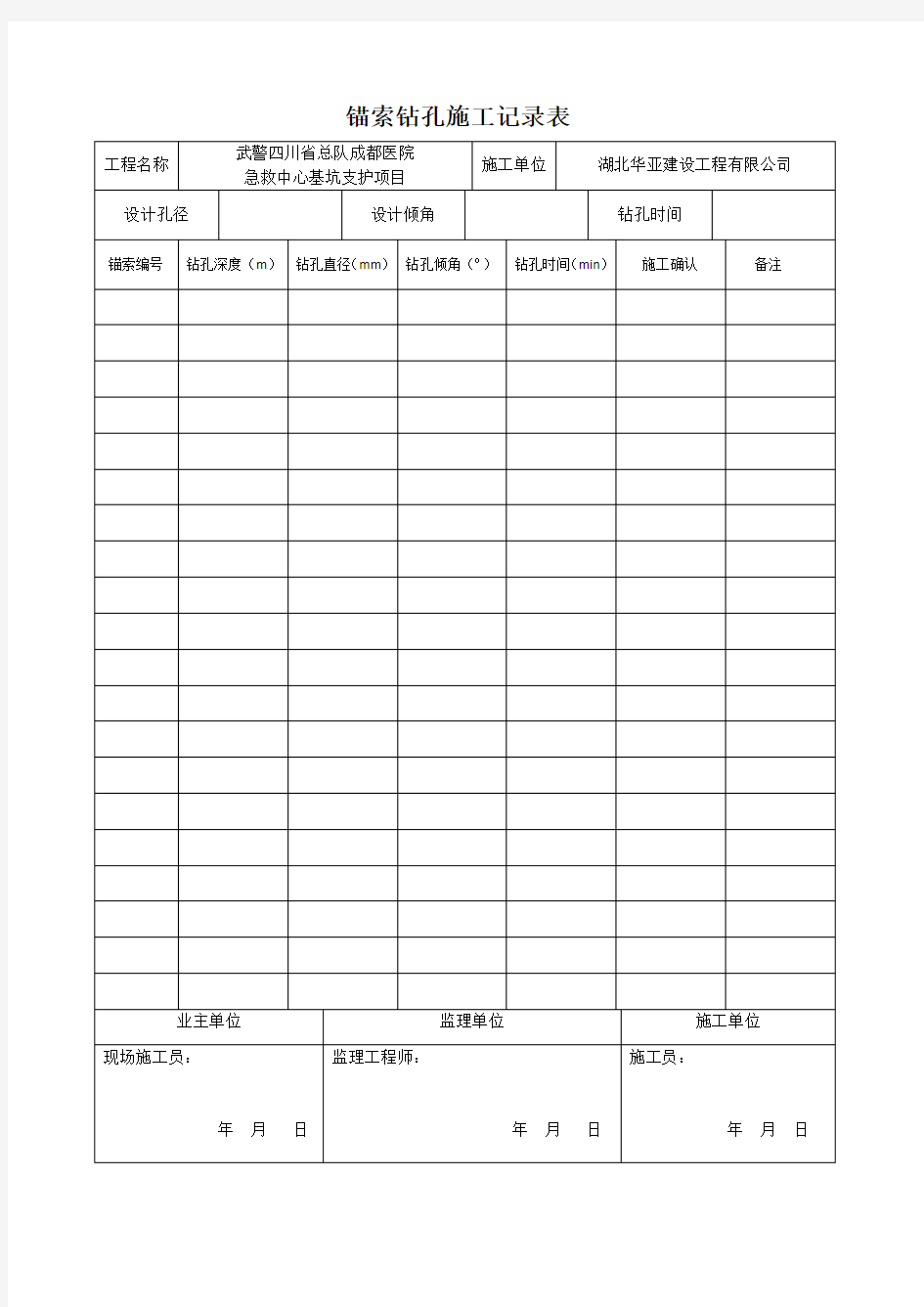 锚索钻孔施工记录表