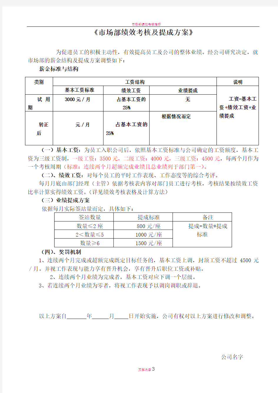 市场部绩效考核与提成方案