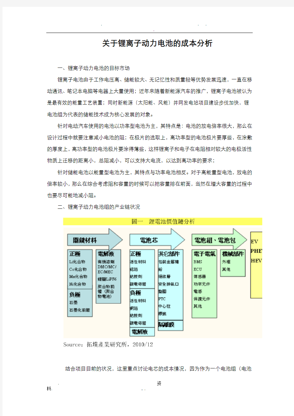 关于锂离子动力电池组的成本分析