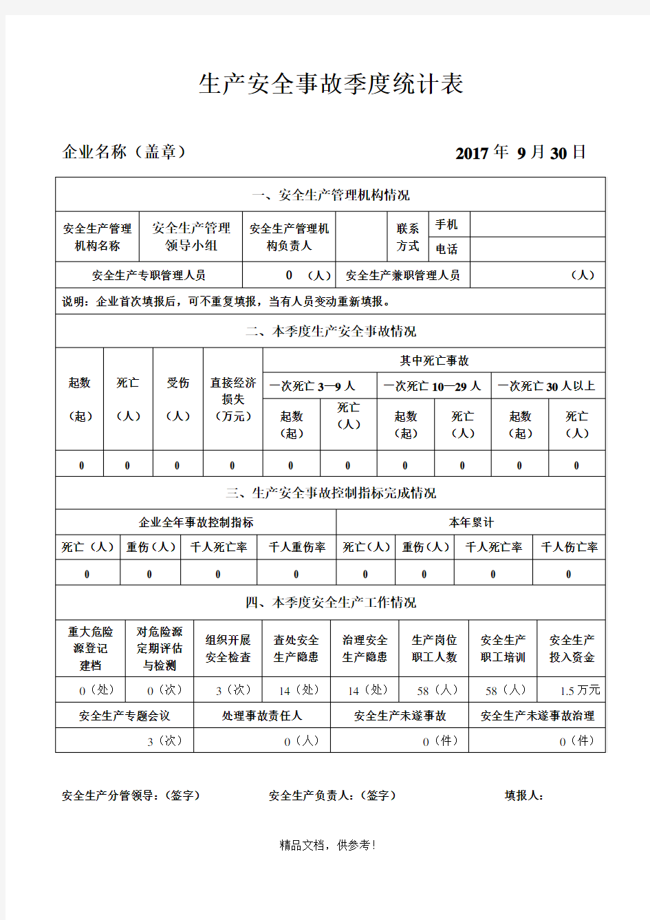 生产安全事故季度统计表