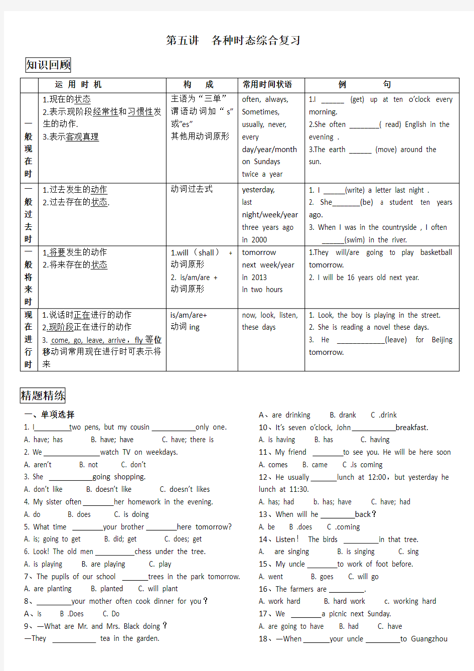 小升初 时态综合复习