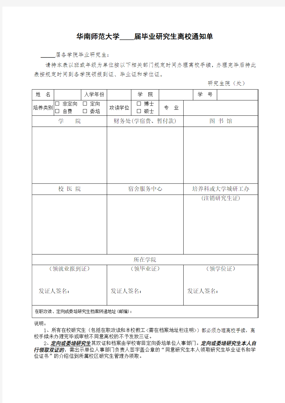 毕业生离校通知单