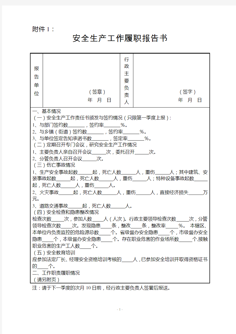 安全生产工作履职报告书