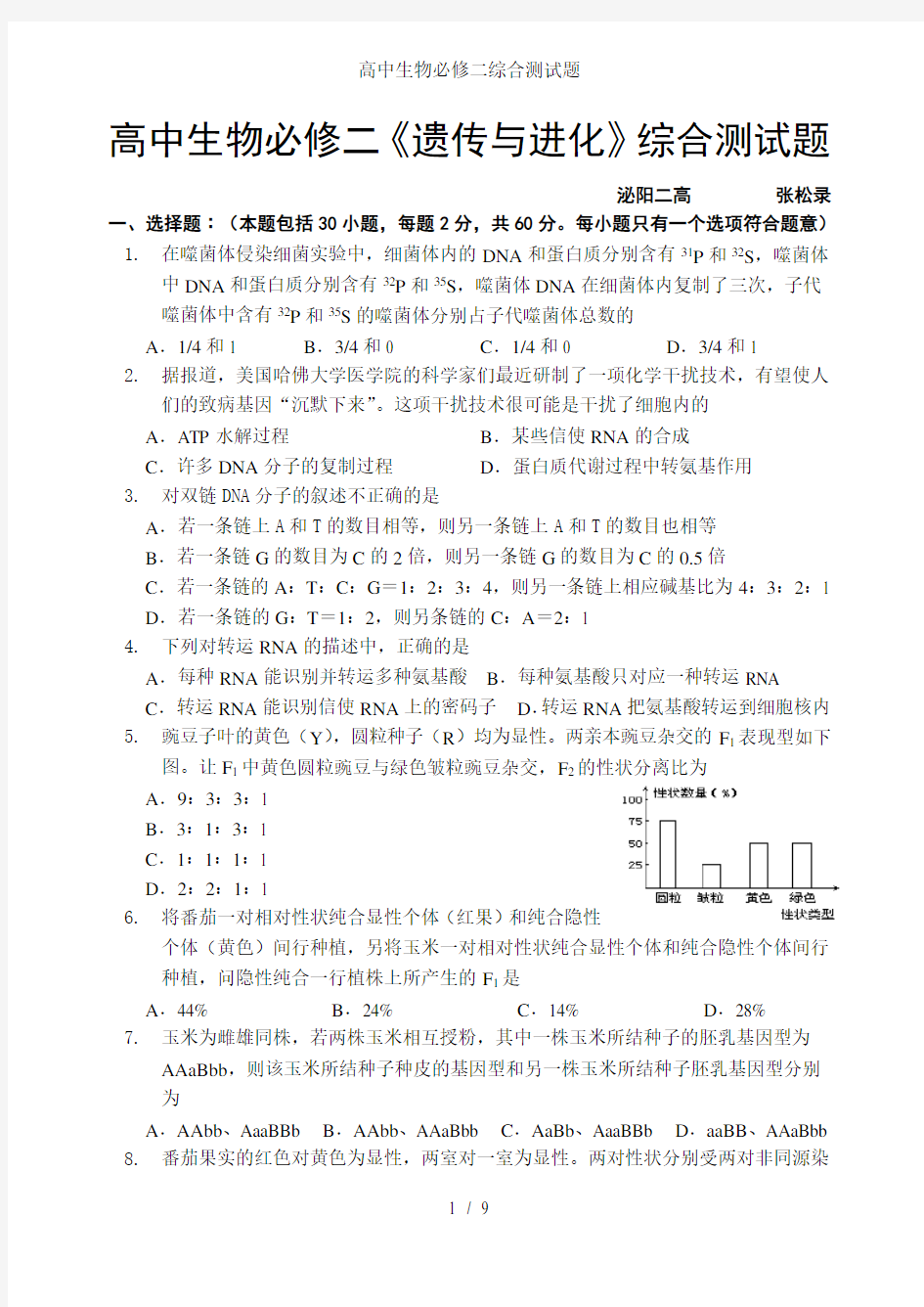 高中生物必修二综合测试题