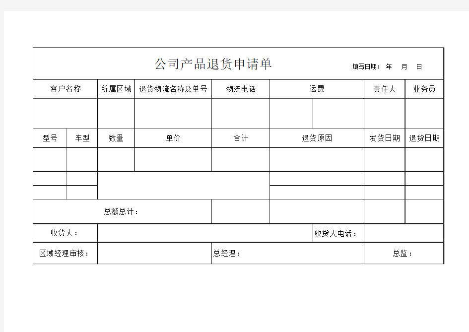 公司产品退货申请单模板