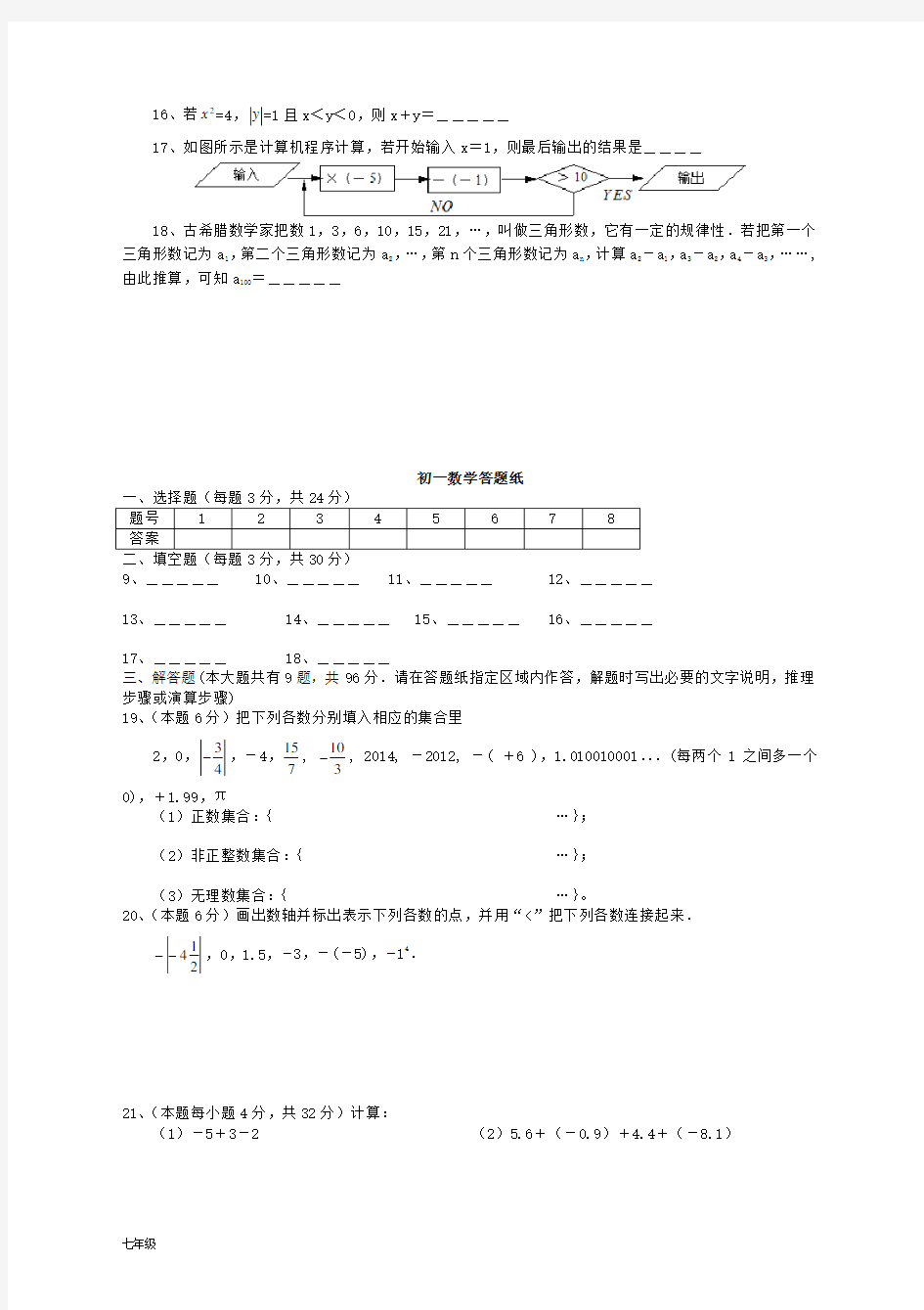 苏教版初中七年级上册数学测试卷(含答案
