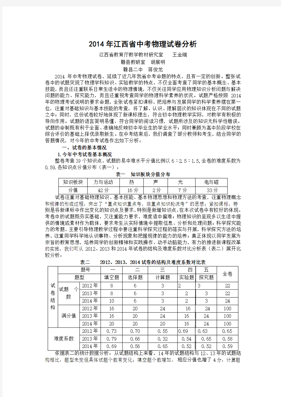 2014年江西省中考物理试卷分析