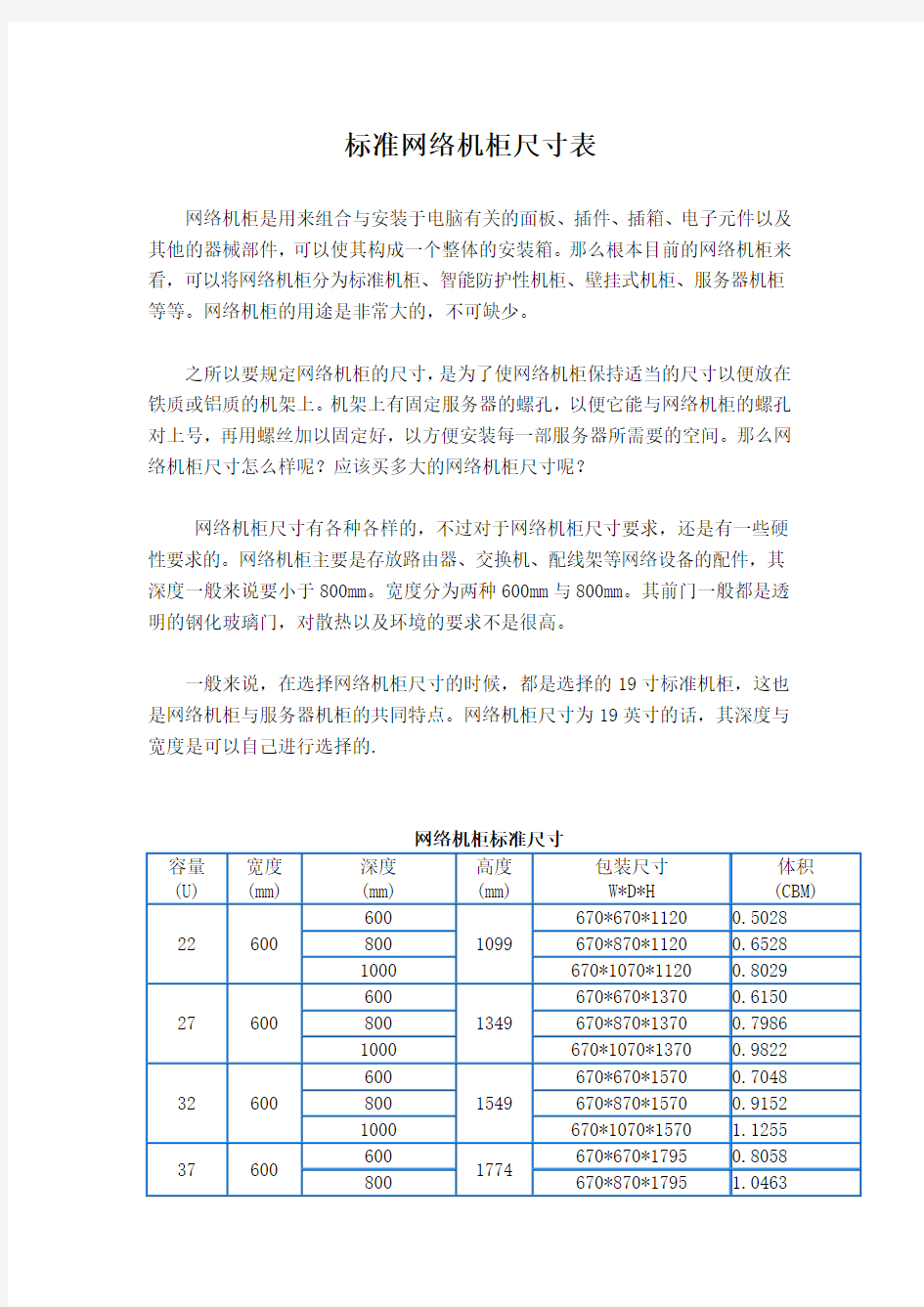 标准网络机柜尺寸表