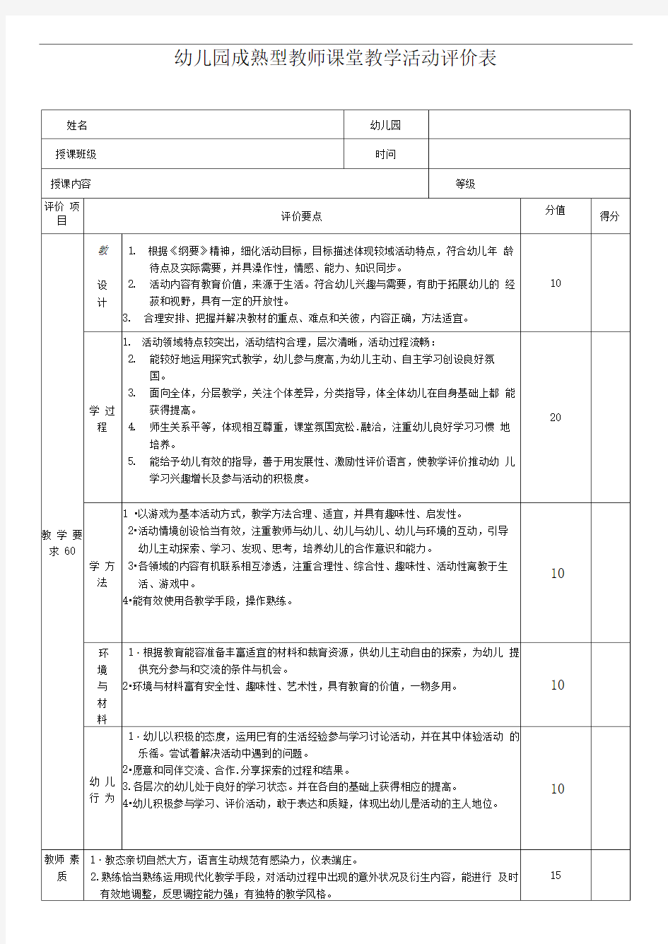 课堂教学活动评价表