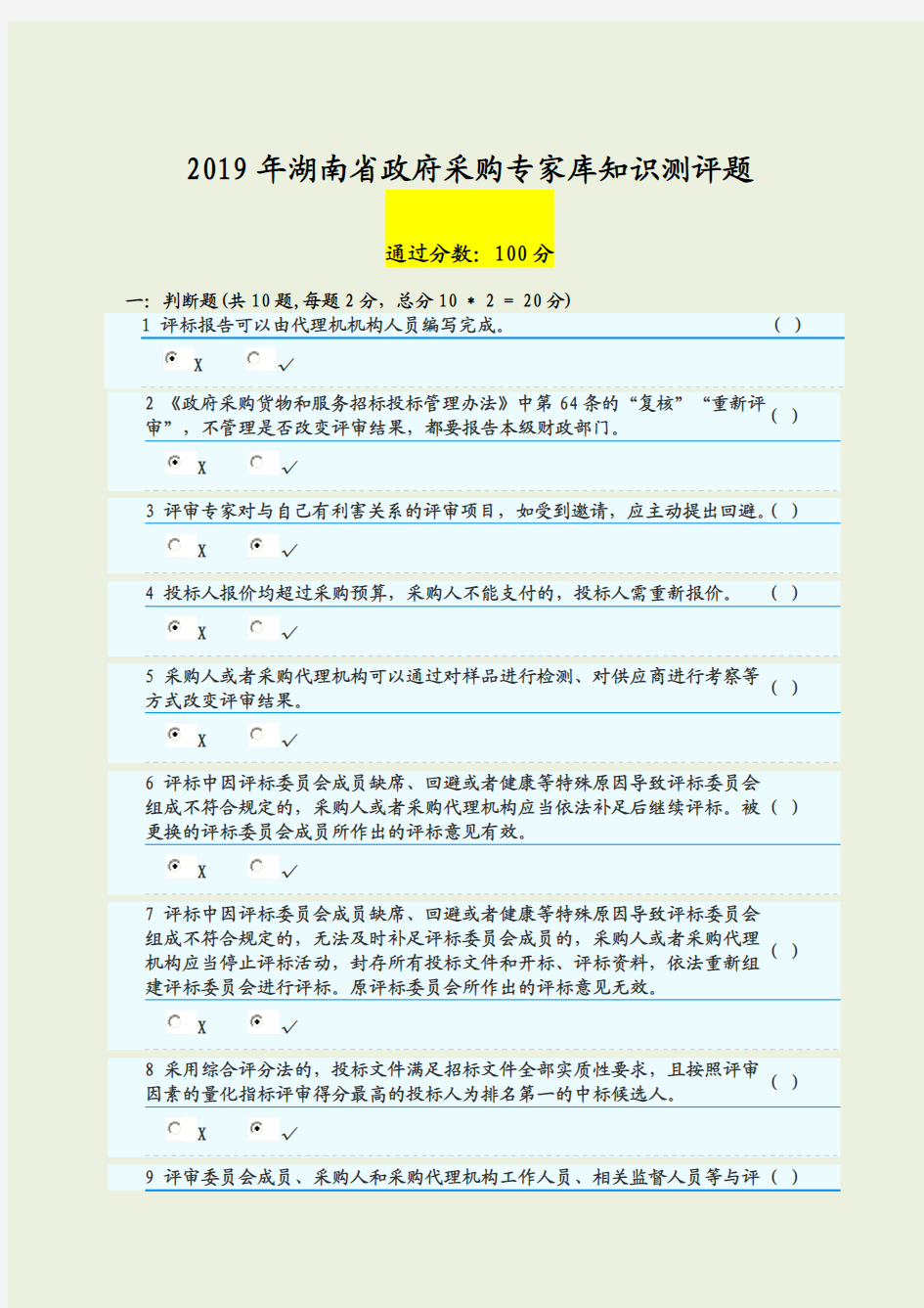 2019年湖南省政府采购专家库知识测评题 (1)