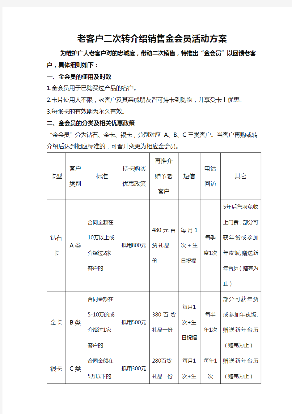 老客户二次转介绍销售金会员活动方案