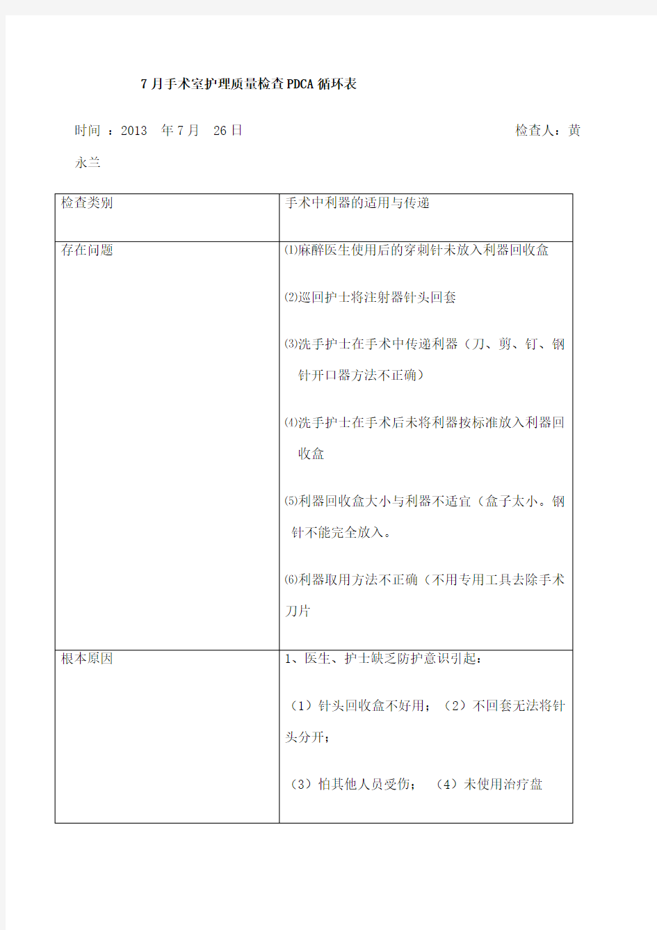 手术室护理质量检查PDCA循环表