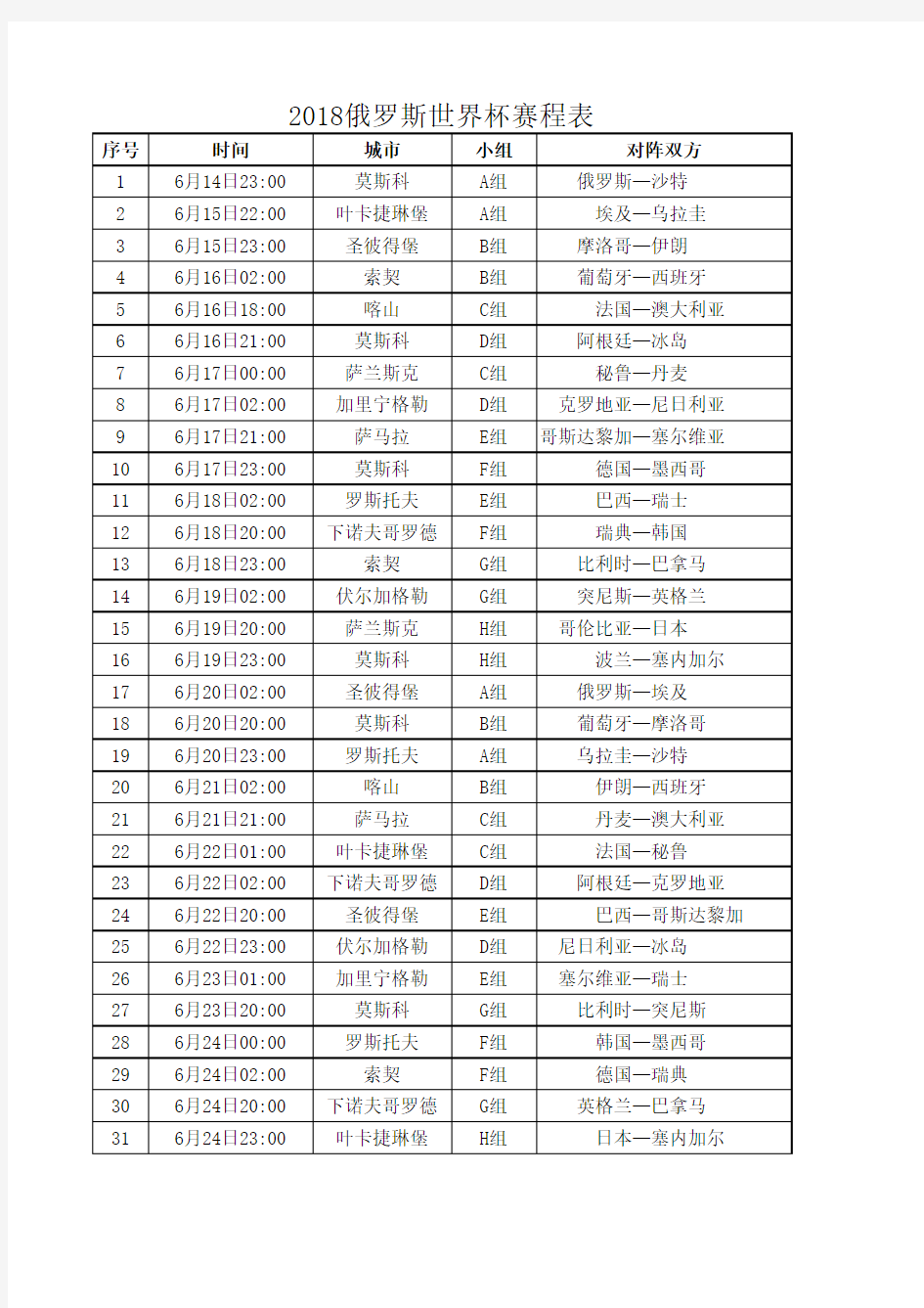 2018年俄罗斯世界杯赛程表(最新打印版)免费