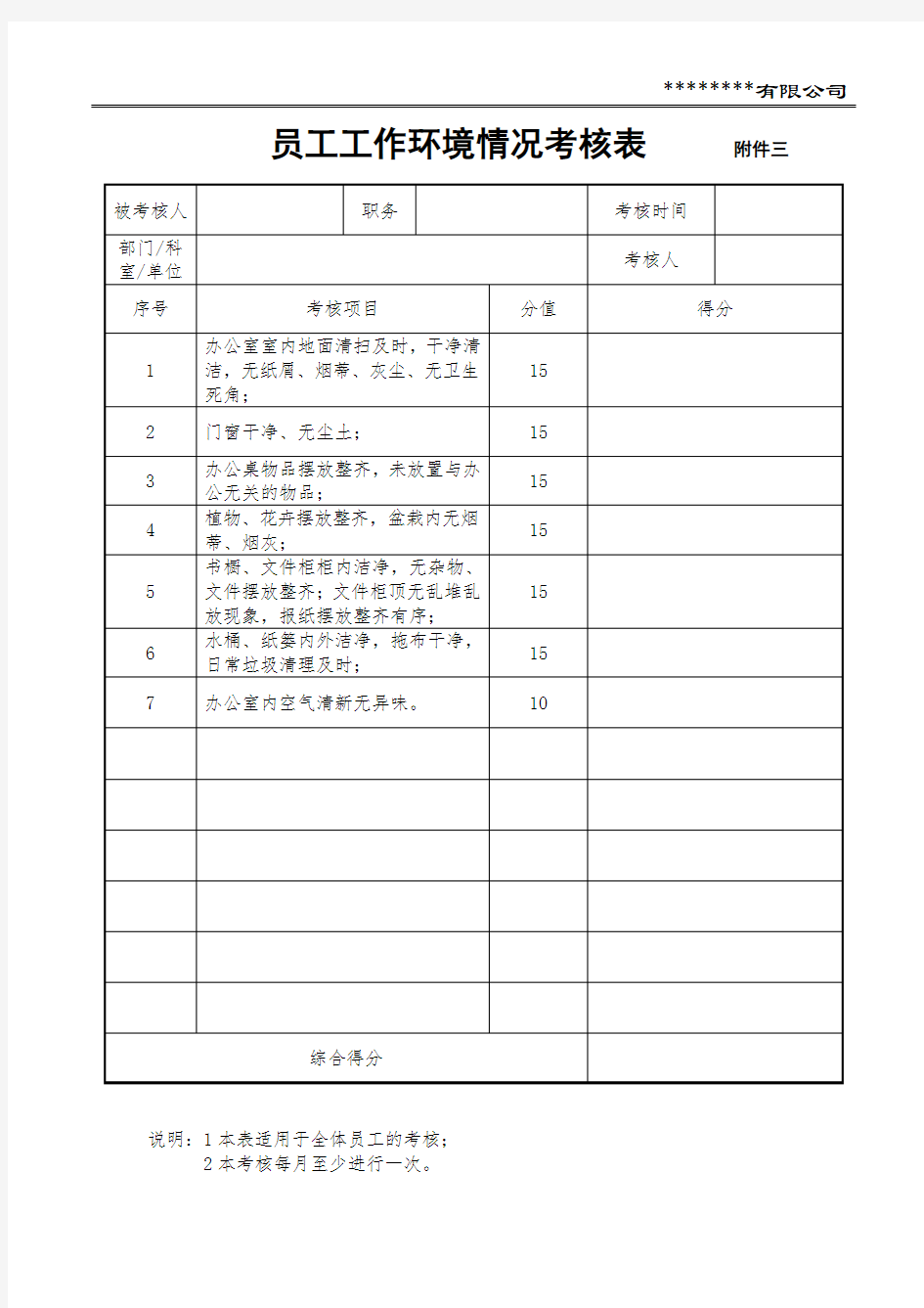 员工工作环境情况考核表