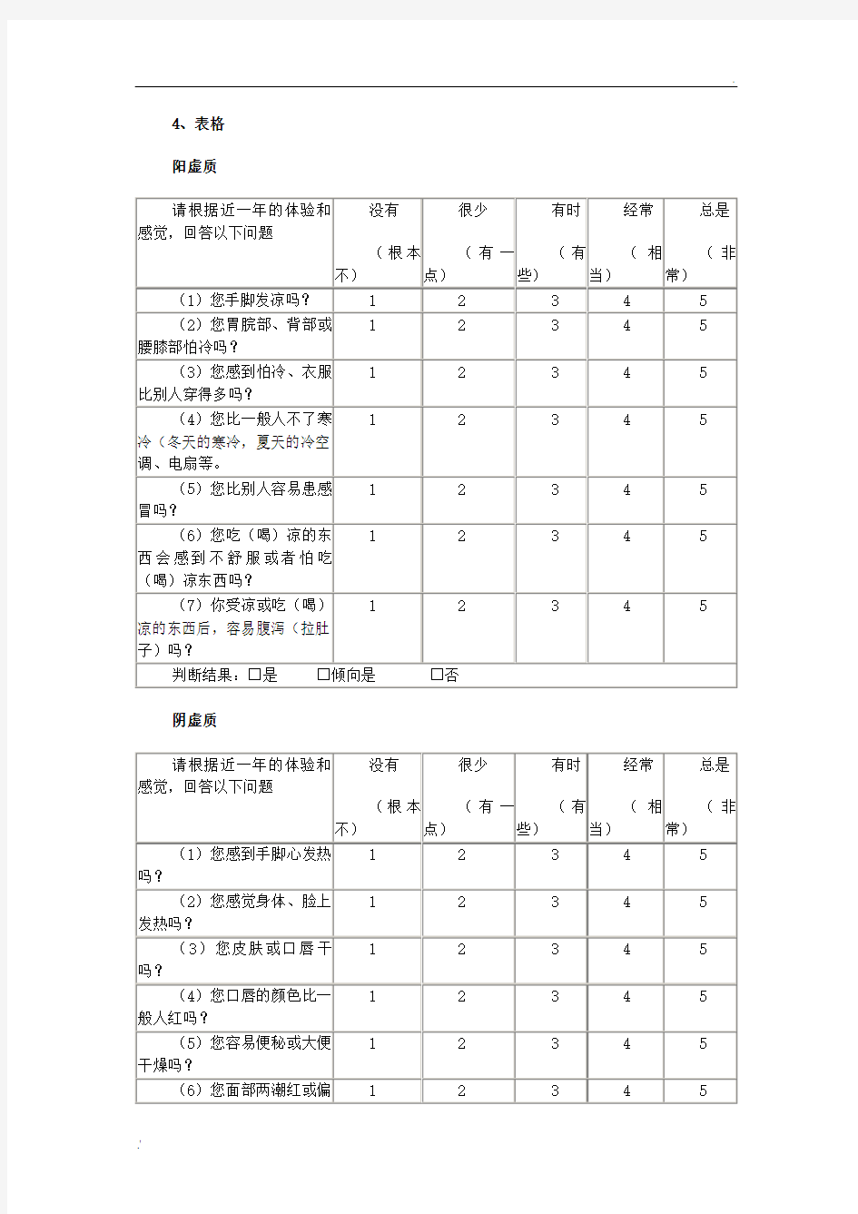 中医体质辨识标准(评分表)