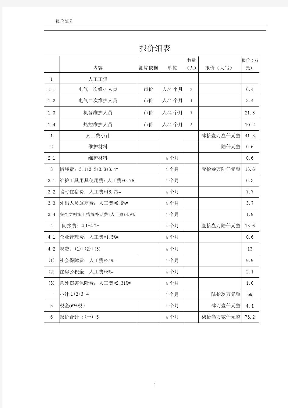 设备维护投标报价表